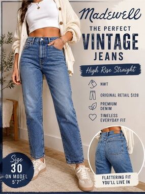 NWT Madewell The Perfect Vintage High Rise Straight Jeans Medium Wash 30